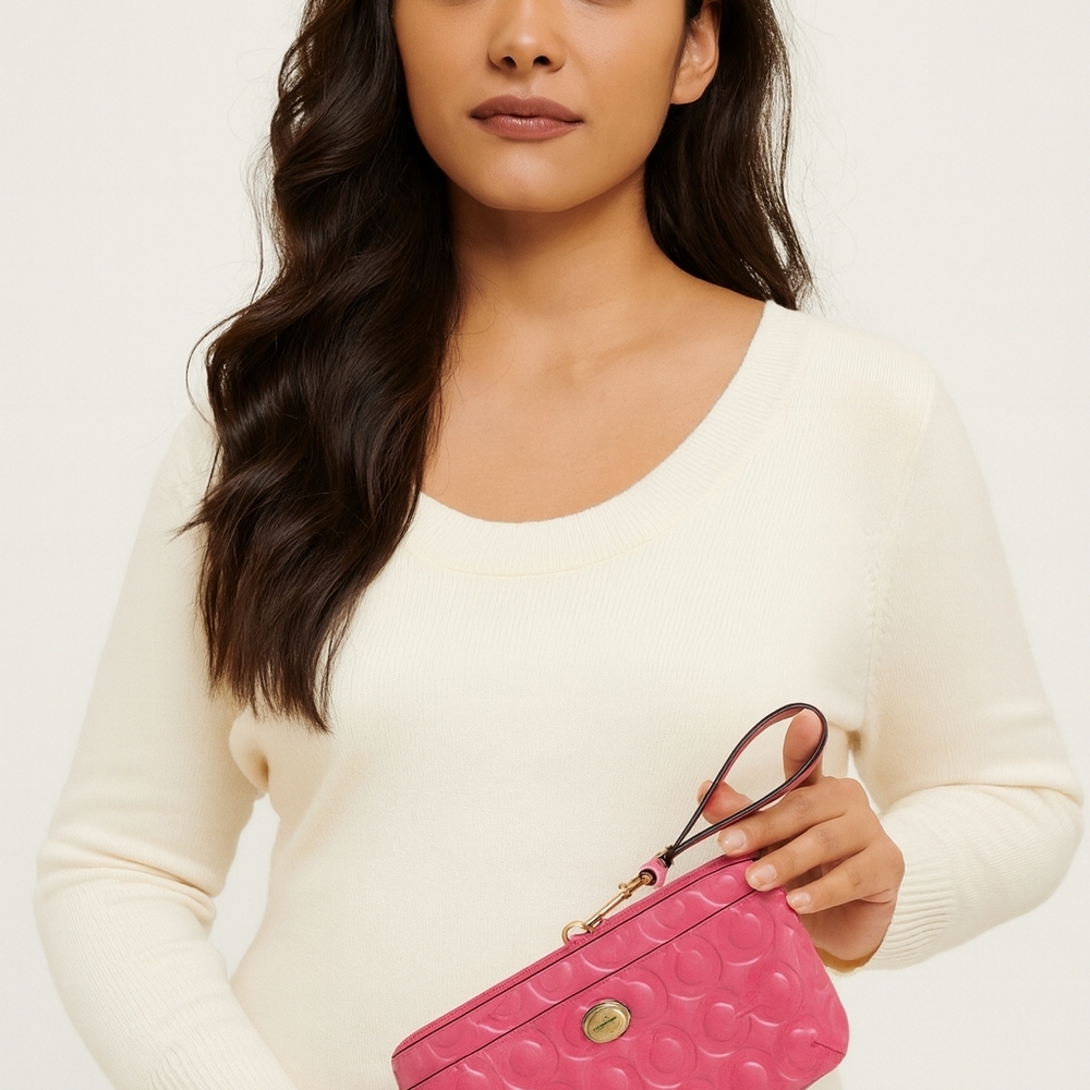Coach Peyton Signature Embossed Patent Leather Hot Pink Wristlet Wallet Bag